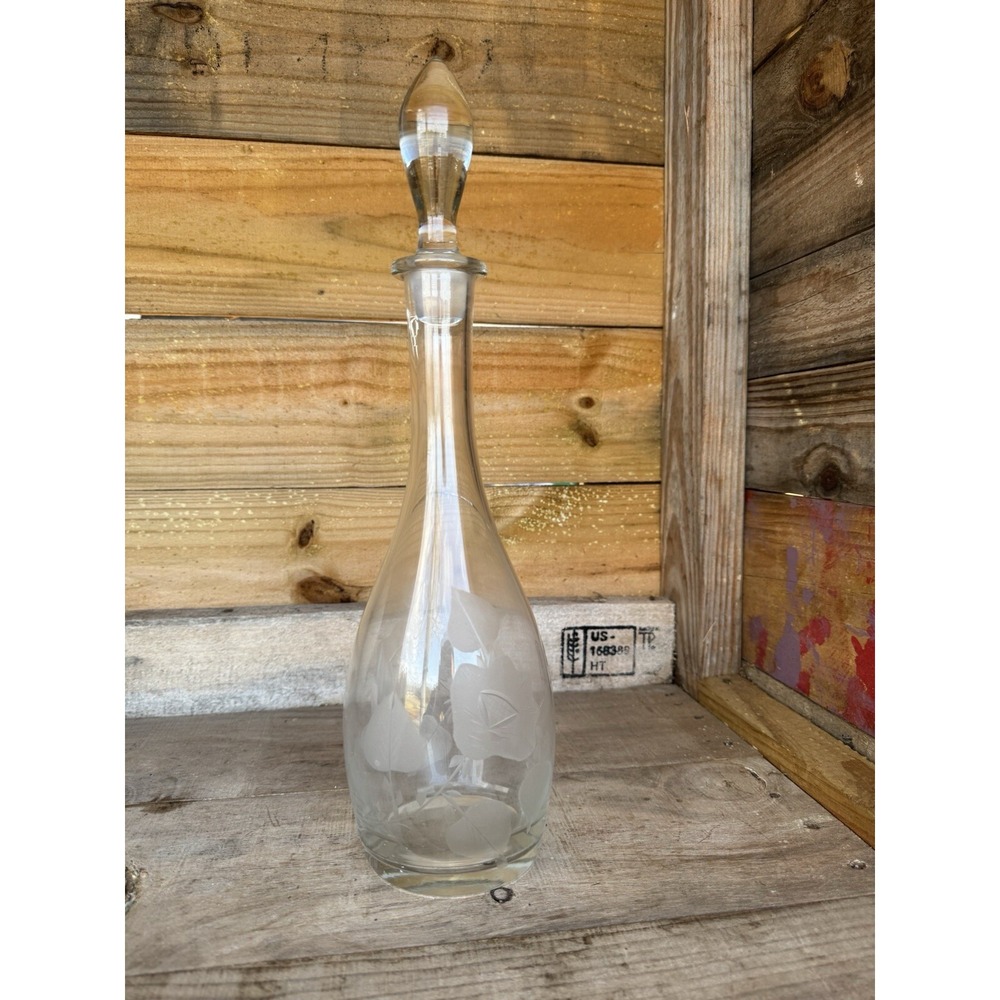 Vtg Etched Cut Floral Genie Bottle Decanter w/ Stopper Tall Deco Art Nouveau